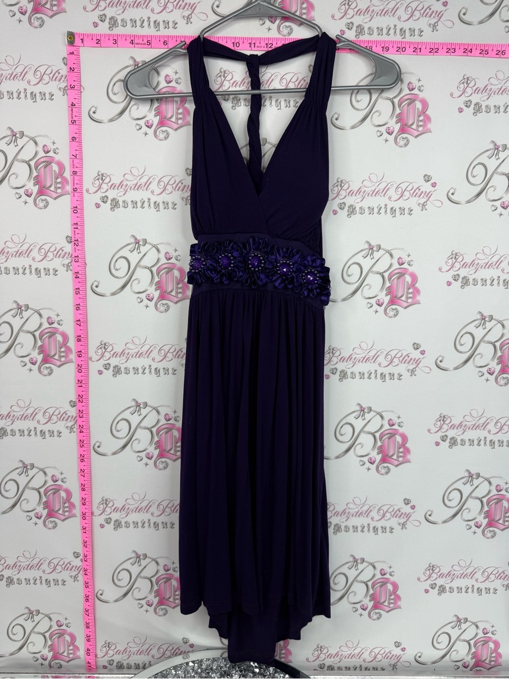 Gilli dress flowers Deep Purple Halter Midi Dress with Beaded Floral Waist